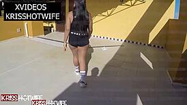 Kriss hotwife flashes big tits and ass in hotel corridor for cuckold thrill