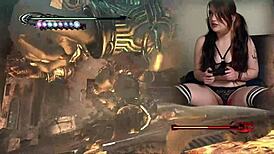 In this homemade video, a sexy brunette bimbo with pigtails and natural tits plays Bayonetta episode 5 while masturbating with Lovense connected toy until orgasm.