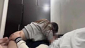 Eighteen-year-old roommate with big ass rides big cock passionately without stopping in tight pussy action