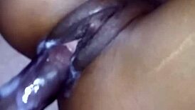 the creamy pussy of a kinky ebony slut gets filled with cum from a big black cock in a wild hookup