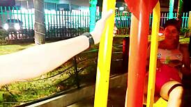 I fuck big tits stranger with huge ass from public park. She rides my cock outdoors.