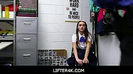 In the shop, a tiny teen shoplifter gets caught with a dildo by the guard. He fucks petite Sera Ryder roughly as punishment, starring Tommy Gunn.