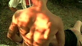 esther gets a wild gangbang in the park with double penetration and cum in mouth