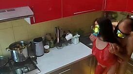 Watch the hidden cam in the kitchen where the MILF gets roughly fucked by amateurs.