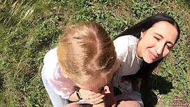 Smoking sluts suck cock and swallow cum in outdoor threesome