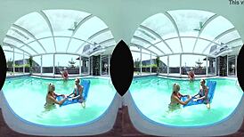 european foursome with big tits by the pool, shaved and ready.