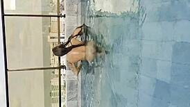 blonde starts day training, masturbates, sucks boyfriend's cock