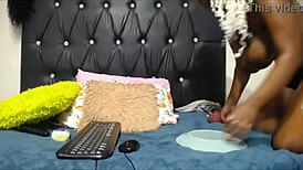 Petite ebony girl with huge natural tits rides big black cock and squirts all over