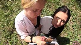 Smoking sluts suck cock and swallow cum in outdoor threesome