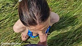 Intensely fucked young girl in mouth on Russian field