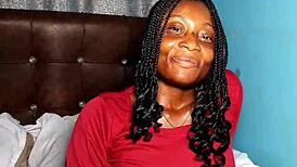 This ebony girl in casting fingers herself with a dildo so hard!