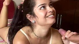 novinha debora prado drops to mouth on big cock for deep sloppy blowjob