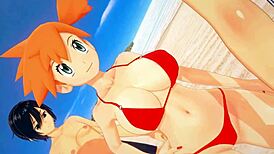 misty gets her clothes ripped for a triple penetration on the beach, that pokemon style threesome was wild