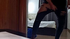 Horny Guy Rips Jeans Jerks Fast On Huge Cock