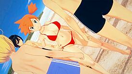 misty gets her clothes ripped for a triple penetration on the beach, that pokemon style threesome was wild