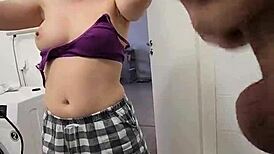 Stepsister watches stepbrother jerk off on her big tits in the shower