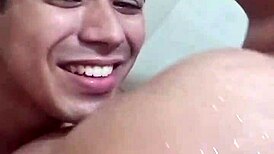 Stepmom bounces on big black couch during family gathering