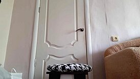 Secretary with big tits in red miniskirt masturbates wet pussy riskily in office