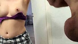 Stepsister watches stepbrother jerk off on her big tits in the shower