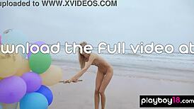 I'm Blondie Farncy Torino, a skinny Italian MILF, playing with balloons naked on the beach