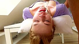 Sexy Blonde Teen 18+ Used for Hardcore Close-Up Face Fuck Upside Down with Rough Blowjob and Cum in Mouth