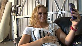 cute curly hair blonde lesbian in solo action and then a mature milf starts licking all her holes