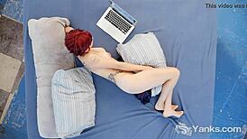 Yanks Minx Hedera Helix masturbates to orgasm with her hairy pussy, natural tits, and curly red hair.