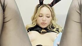 Cute bunny playfully caresses her clit and labia, teasing sensitive spots