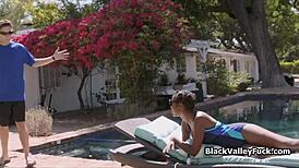 Nubian princess blows big white dick by pool