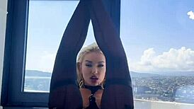 Slutty MILF delivers sloppy POV blowjob in stockings before solo play.