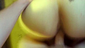 Girlfriend kneels down in front of the desk for cumshot