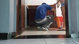 cuckold wife takes neighbor plumber's big cock in skirt without panties