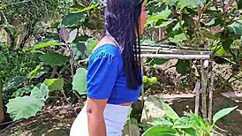 Sexy milf caught stealing, fucked outdoors by farm owner enjoying her wet pussy and big tits