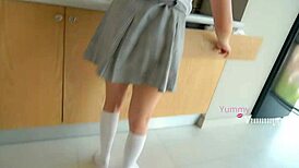 i peek under my schoolmate's skirt and ask, 'want to come home for fun?' then i cum on her nice ass