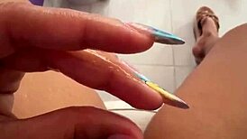 Latina student fingers huge wet pussy in public toilet flashing swollen lips to clients!