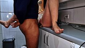 Stepfather catches brunette in kitchen for intense fucking while mom works