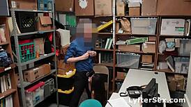 Police officer catches skinny Asian shoplifter, rips her clothes, forces striptease, then fucks her in doggystyle, bent over, cowgirl, and riding positions while blackmailing her in the shop