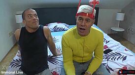 football fans, enjoy this threesome with massive cock stepson!