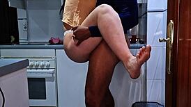 Stepfather catches brunette in kitchen for intense fucking while mom works