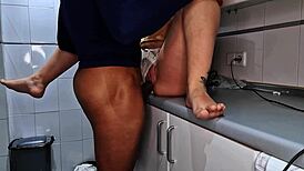 Stepfather catches brunette in kitchen for intense fucking while mom works
