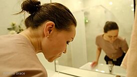 kristina's morning routine in the kitchen, barefoot and bathing