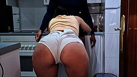 Stepfather catches brunette in kitchen for intense fucking while mom works