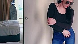 Pretty Asian Ladyboy Jeans Striptease With Gifted Big Boobs!