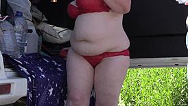 mature lesbians with big asses in sexy lingerie outdoors, voyeur watches with hidden camera in public park