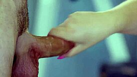 Blonde milf exercising, horny instructor interrupts with blowjob and handjob