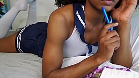 the pretty naughty girl wants daddy's cum, so she rips her clothes and stripteases for him