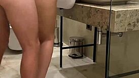 brunette babe gets fucked doggystyle in bathroom at college party creampie