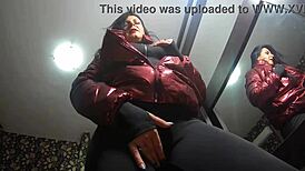 Nympho wife teases camel-toe in jumpsuit and adds cum to red jacket