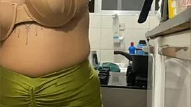 Live in kitchen, mini skirt flashing swollen pussy