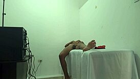 Beautiful brunette massage therapist moans while flashing her buttocks and breasts in the office?